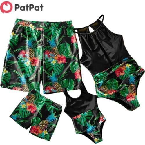 PatPat New Arrival 2021 Summer Pineapple Printed Stiching Family Matching Swimsuits Family Look Floral full print Black