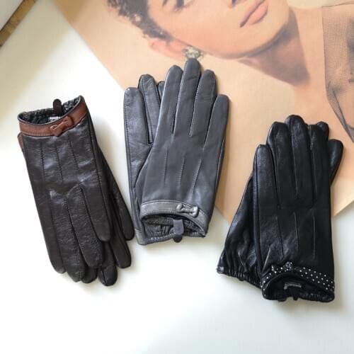 Real Leather Gloves Female Thin Mobliephone Touchscreen Short Style Locomotive Keep Warm Driving Sheepskin Gloves L18015PN