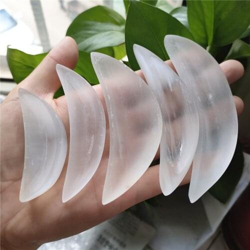 45-100MM 1PC Polished White Selenite Sculpture Moon Shaped Bowl Gypsum Stone Container Quartz Crystal Power Relaxation Decor