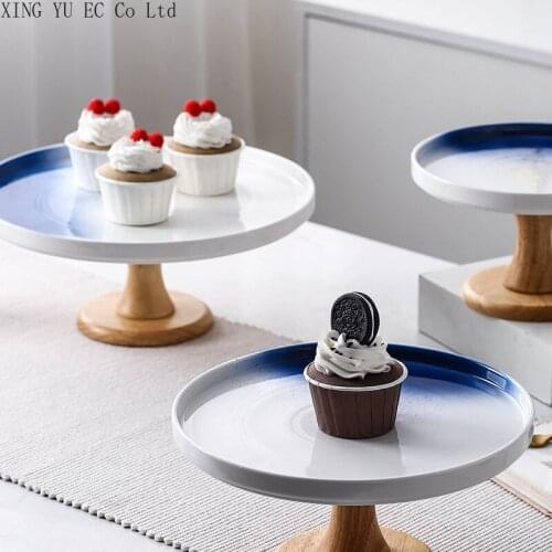 Simple Sky Blue Ceramic Cake Tall Tray Glass Cover Dessert Tray with Lid Dessert Table Display Stand Photo Props Storage Tray