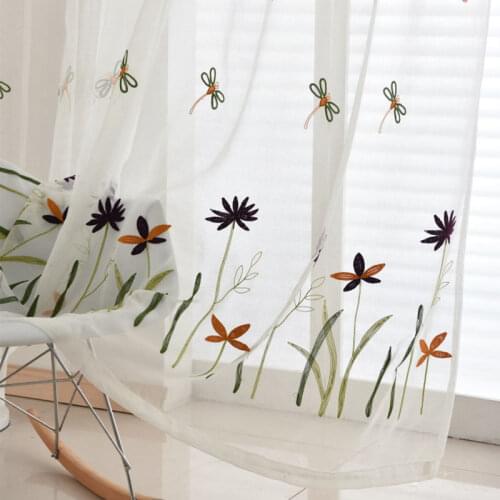 Embroidered Dragonfly Sheer Curtains for Kids Room Elegant White Voile Linen French Door Parlor Window Tulle Drapery