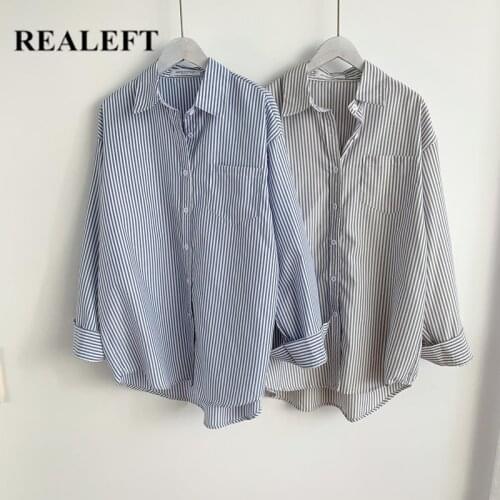 REALEFT 2021 New One Pocket Classic Striped Women Blouse Single Breasted Turn-down Collar Female Shirts Tops Spring Autumn