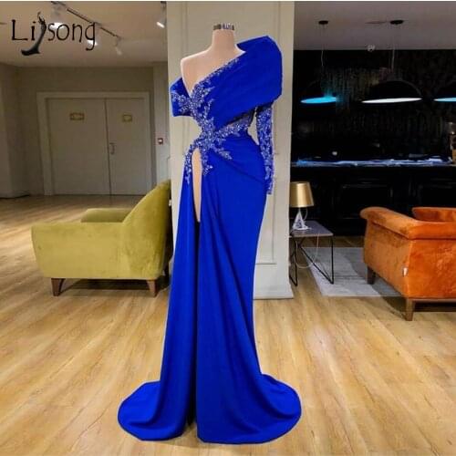 Real Image Royal Blue Mermaid Evening Dresses One Shoulder Lace Beaded High Side Split Sexy Prom Gowns Appliques Party Dress