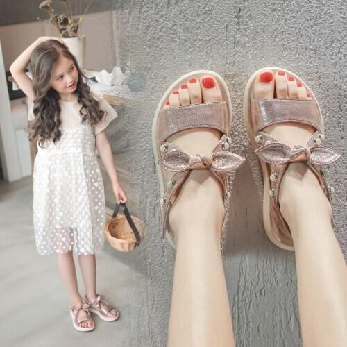 Girls Sandals Womens Korean-Style Childrens Shoes Girls Flat Sandals Bow Tie Silver Glitter Crystal Shoes Heart Shoes