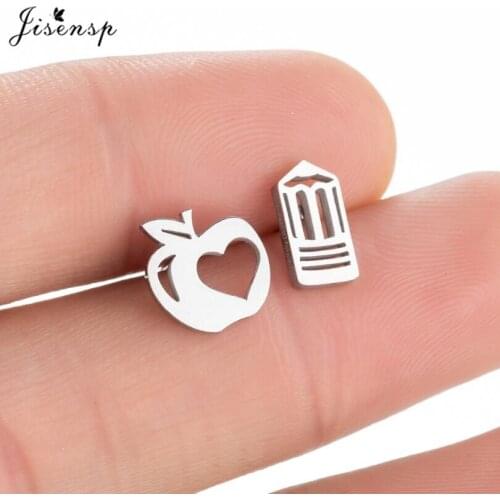 Jisensp Lovely Design Hollow Heart Apple Stud Earrings Unique Pencil Stainless Steel Earring for Women Girls New Year Gift 2021