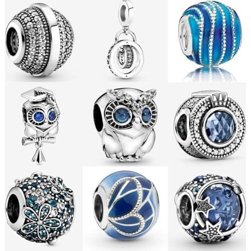 2021 New 925 Sterling Silver Blue Crown Charm FIt pandora Bracelet Celestial Blue Sparkling Stars Charm DIY Jewelry