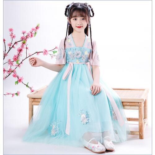 Fairy Flower Girl Dress Guzheng Performance Costume Chinese Tradutional Hanfu Embroidery Tutu Girls Pageant Gowns Summer Skirt