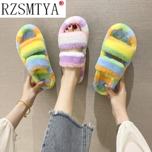 Womens Winter Slippers 2021 New Ladies Colorful Fur Fluffy Slippers House Slippers for Women Soft Warm Indoor Home Women Shoes