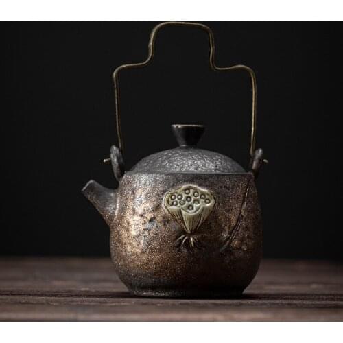 Japanese Gilding Iron Glaze Zen Lotus Loop-Handled Teapot Ceramic Kung Fu Teapot Small Size Retro Domestic Single Teapot Tea Pot