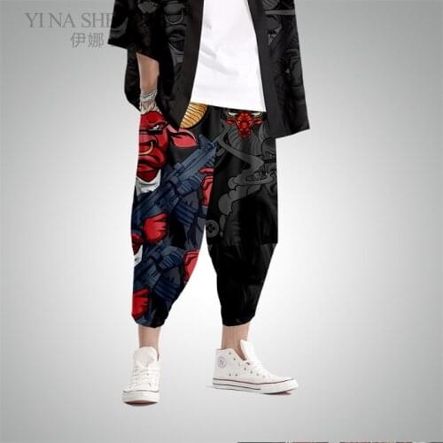 Japanese Kimono Pants Men Yukata Harajuku Style Cardigan Traditional Loose Cow Print Trouser Asian Costume Hip-hop Casual Pants