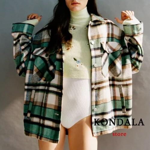 KONDALA Za 2021 Women Chic Green Plaid Jacket Women Oversized Long Autumn Winter Coats Vintage Stylish Pockets Warm Shirt Jacket