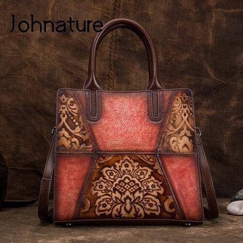 Johnature 2020 New Retro Women Bag Handmade Embossing Genuine Leather Floral Large Capacity Handbags Shoulder & Crossbody Bags