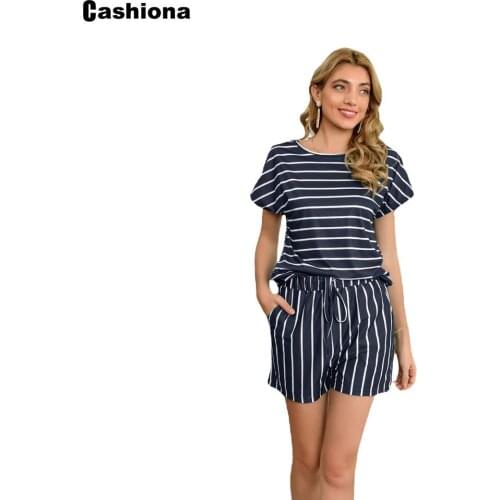 Plus size 4xl 5xl Women Tracksuit 2021 Summer Fashion Striped Top Streetwear Lace-up Casual Shorts Set Woman Two Piece Outfits