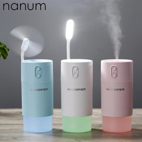 Car air freshener 3 in 1 Snowflake Humidifier Ultrasonic Diffuser USB Fan LED Light Mini Humidifiers Air Purifier Mist Maker