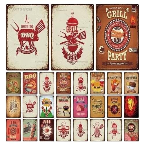 BBQ Party Vintage Barbecue Metal Plaque Tin Sign Dads BBQ Poster Decorative Metal Plates Wall Stickers Bar Pub Home Deco