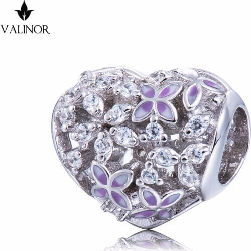 Purple full heart petals 925 Sterling Silver Heart Petals Charm Beads Fit Original Bracelet Necklace Authentic Jewelry DDBJ158