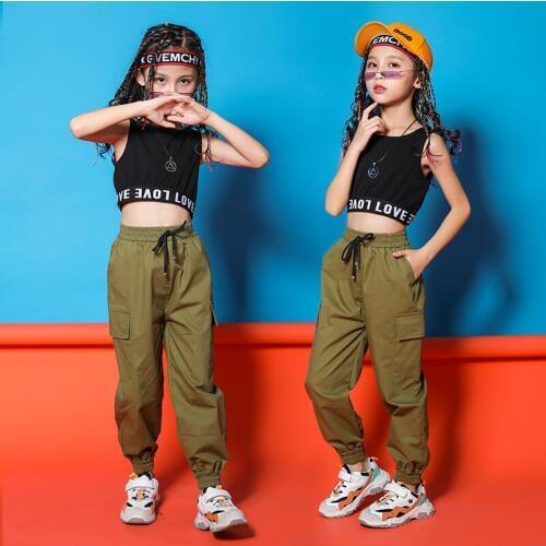 Children Hip Hop Clothing Black Top Crop Vest Running Casual Pants For Girls Jazz Dance Costumes Model Show Clothes Street Wear
