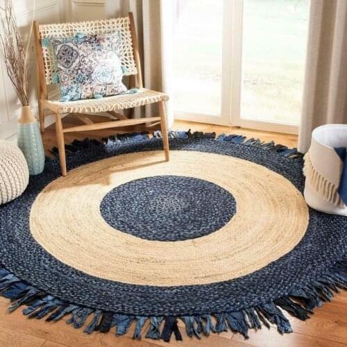 Household Hand-woven 100% Natural Jute and Cotton Bohemian Double-sided Circular Carpet Area Carpet Kitchen Mats for Floor