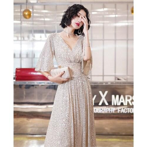 Elegant Women V-Neck Long Evening Dress Sexy Short Sleeve Sequin Party Dressses Formal Prom Party Gown вечернее платье