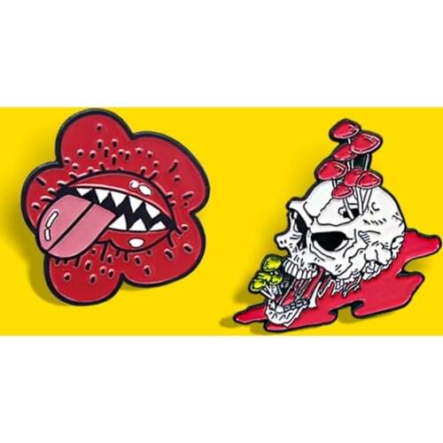 Skull Big Mouth Flower Enamel Pins Mushroom Skeleton Head Red Flower Long tongue Lapel Badges Brooches Jewelry Friends Bijoux