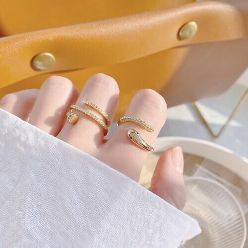 Ins Hot Sale 14K Real Gold Engagement Simple Style Rings for Women Luxury Zircon CZ Adjustable Snake Rings