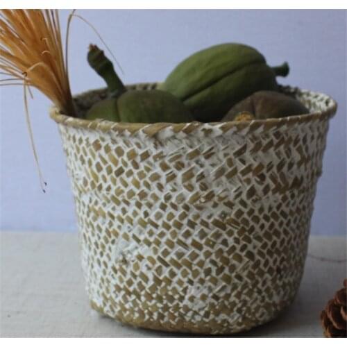 Hand-woven Flower Storage Baskets Bamboo Straw Patchwork Laundry Wicker Rattan Seagrass Belly Garden Kitchen Storage Basket 1PC