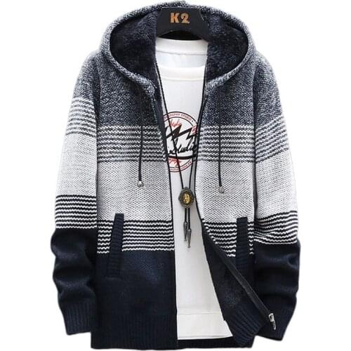 Fashion Inner Fleece Sweaters for Men Winter Warm Knitted Men Slim Sweaters Autumn Hooded Thick Coat NEW Mens Cardigan Clothing