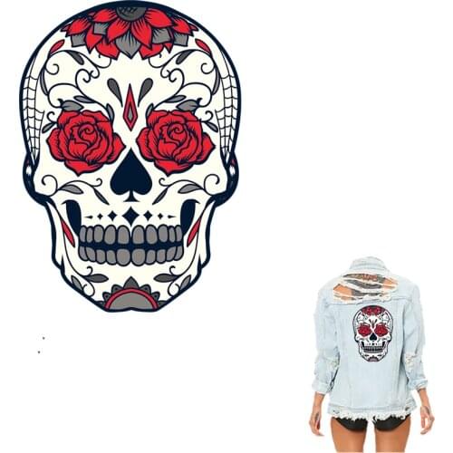 COSBILL Red Rose Skull Patches For Clothing A-level Washable Diy Iron On Transfers For Adult T-shirt Accessory Sticker Y-031
