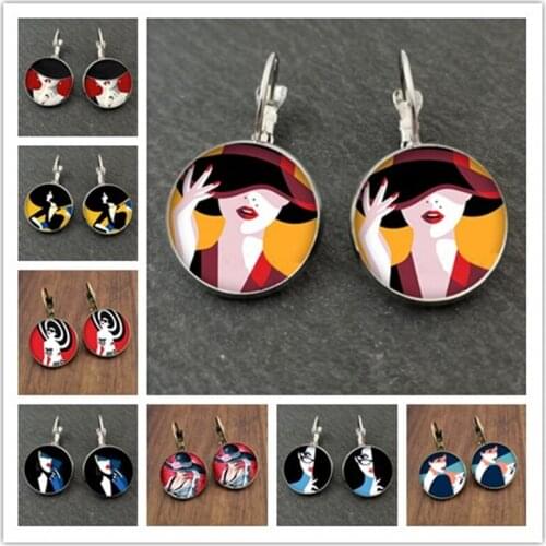 New fashion woman hat beautiful girl red lips pattern photo glass cabochon earring earrings gift for pretty woman