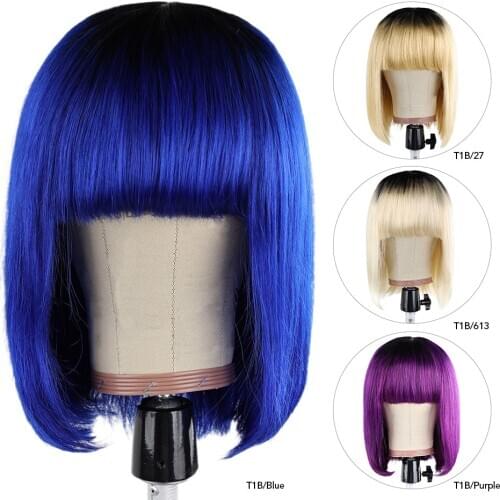 Ali-Beauty Human Hair Wig 100% Natural Brazilian Remy Straight Short Bobo Hair Wig with bangs