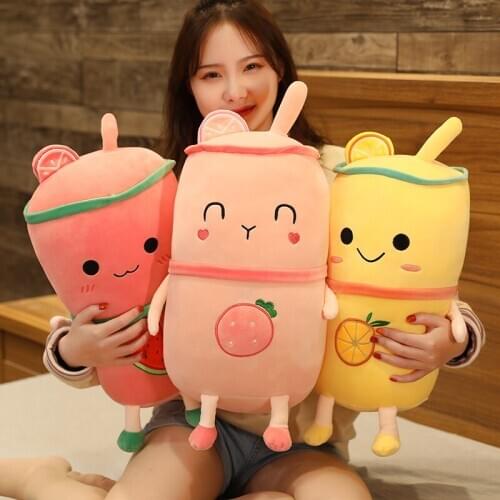 50cm Cute Cartoon Fruit Bubble Tea Cup Shaped Pillow with Strawberry Orange Watermelon Stuffed Soft Back Cushion Kids Gifts