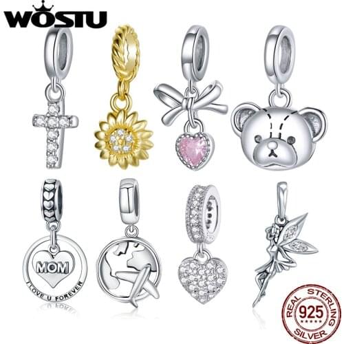 WOSTU Authentic 925 Sterling Silver Sunflowers Bear Charms Pendant Fit Bracelets Women Party Fashion DIY Jewelry Gift Making