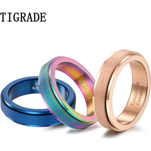 Tigrade Unisex Women Men Rotatable Ring Tungsten Carbide Frosted Surface Rose Gold Blue Matte Wedding Band Party Spinner Rings