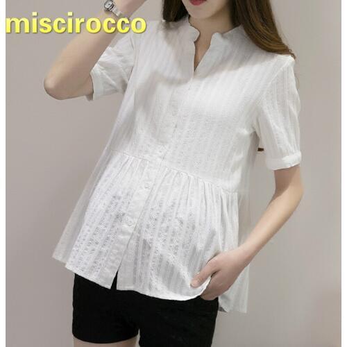 Maternity Cotton Shirt Short Sleeved Pregnant Woman Clothing V Collar White Soft Comfortably Breathable Tops
