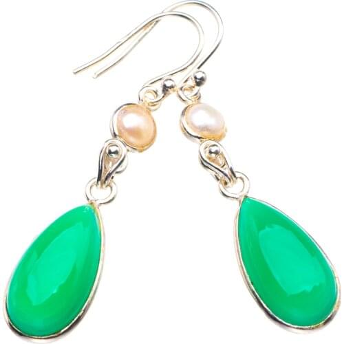 Natural Chrysoprase And River Pearl Handmade 925 Sterling Silver Earrings 1.75" D3622