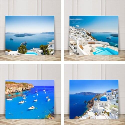 Nordic Mediterranean Island Greece Santorini Aegean Sea Landscape Canvas Painting Poster Living Room Home Decoration Background