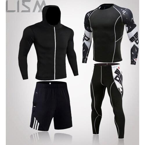 3 piece track suit Men Running sports suit MMA Compression sportswear rash guard male Bodybuilding T-shirt pants Man Training