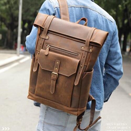 Luufan Large Capacity Mens Backpack Genuine Leather 15.6 inch PC Laptop Bag Large Male Travel Backpack Daypack School Bagpack