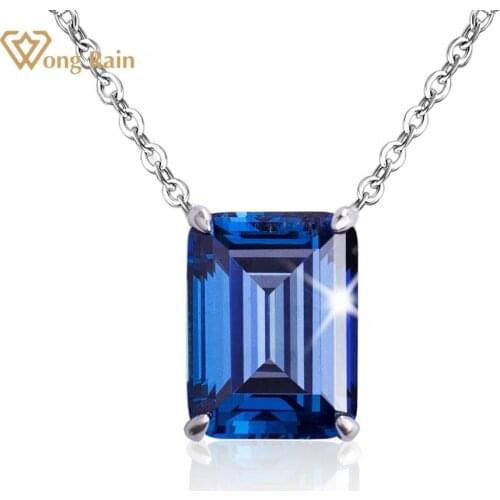 Wong Rain Classic 100% 925 Sterling Silver Emerald Cut Sapphire Gemstone Wedding Engagement Pendant Necklace Fine Jewelry