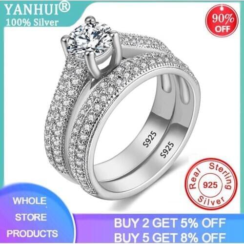 YANHUI With Certificate Luxury Original 925 Silver Wedding Ring Set Have S925 Logo Dazzle Zirconia Diamond Band Rings For Women