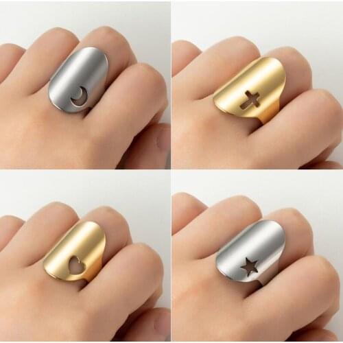 Stainless Steel Geometric Rings for Women Wedding Jewelry Simple Chunky Dome Hollow Star Cross Heart Moon Ring Adjustable Size