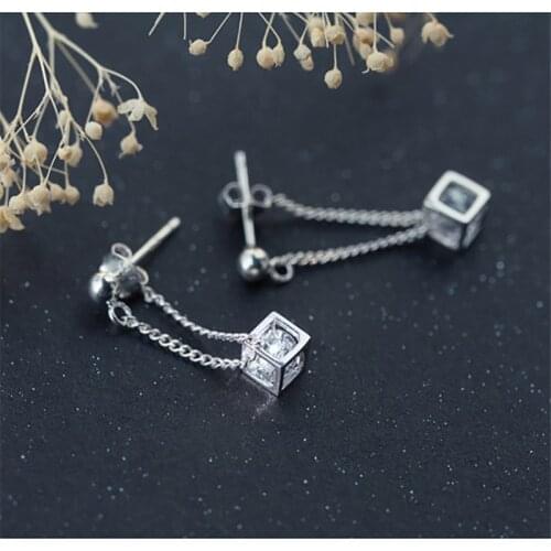 925 Sterling Silver Piercing Tassel Crystal Square Stud Earrings for Women Girls Wedding Party Femme Jewelry pendientes eh1319