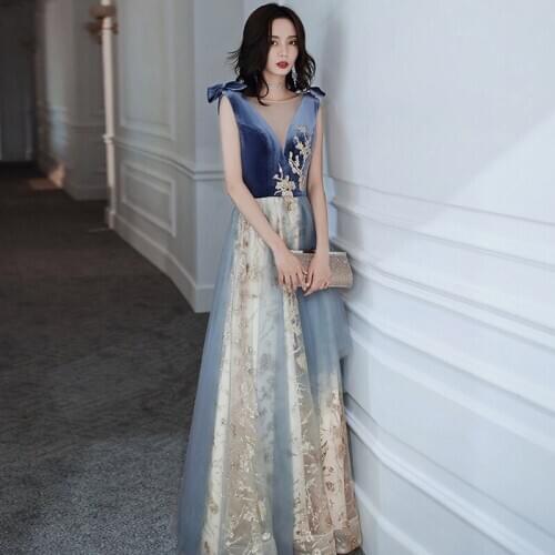 Blue Gold Floral Applique Sequin V Neck Sleeveless Luxury Party Dress Women Long Sexy Formal Evening Gowns Elegant 2020