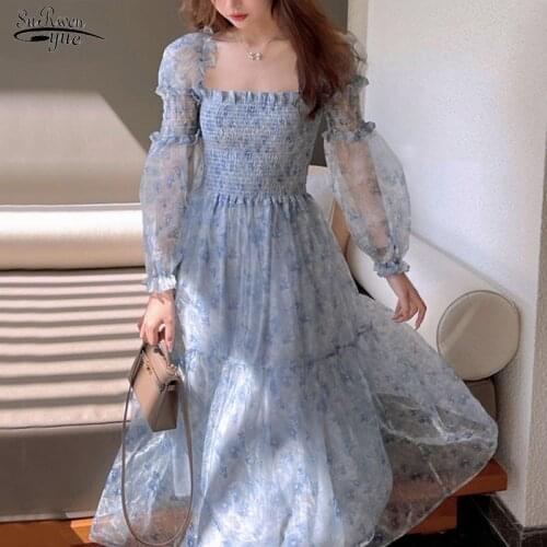 Puff Sleeve Square Collar Boho Beach Floral Dress Summer Lace Elegant Midi Dress Women Female Party One Piece Dress Korean 14514