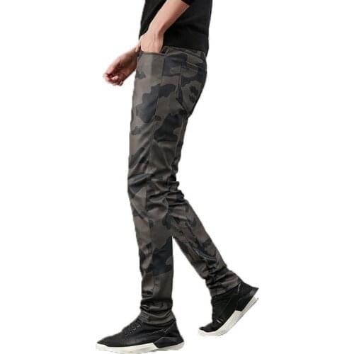 2021 Mens New Camouflage Straight-Leg Trousers Youth Slim Thin Motorcycle Leather Pants