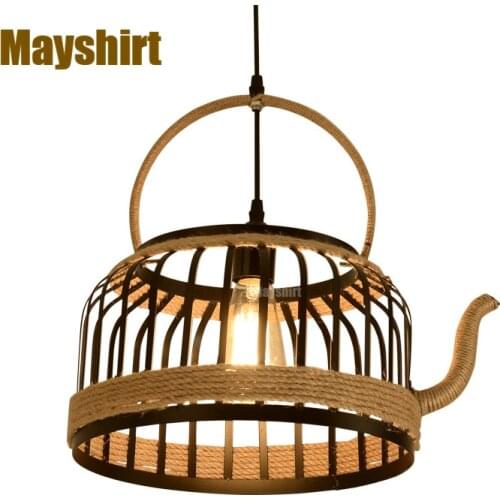 American Retro Hemp Rope Teapot Industrial Pendant Lights Creative Bar Dinning Room Lights Living Room Kitchen Led Hanging Light