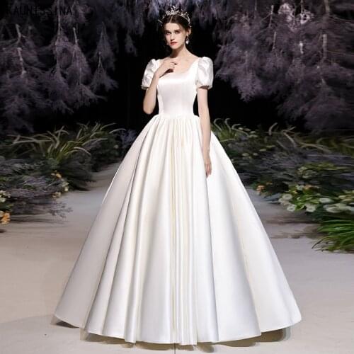 KAUNISSINA Satin Wedding Gowns Vestido De Noiva Square Collar Wedding Dresses Custom Made Simple White Elegant Long Bridal Dress