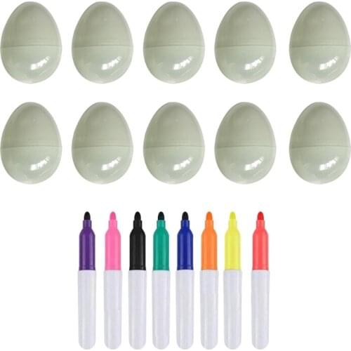 White Easter Eggs - Pack of 10 White Paintable Plastic Easter Eggs with 8 Color Markers for DIY Doodling and Design