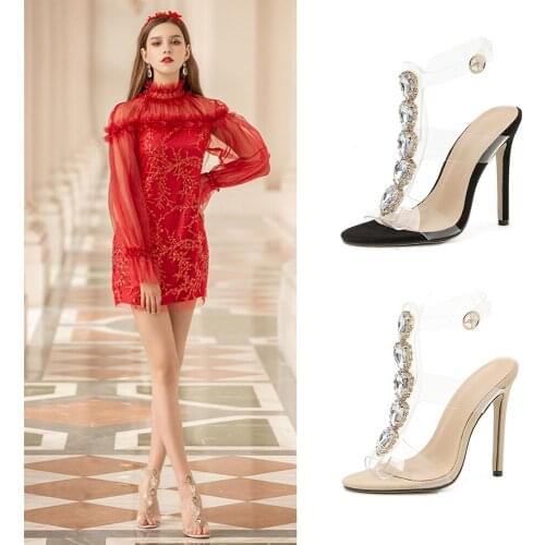 Ankle T Strap Heart-Shaped Big Gemstone Rhinestone Transparent PVC High Heel Stiletto Peep Toe Womens Slingback Sandals Luxury