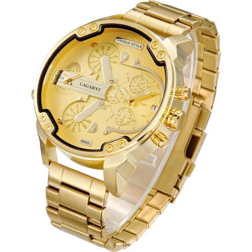 Cool Big Case Mens Wrist Watches Analog Quartz Watch for Men Golden Stainless Steel Dual Times Military Relogio Masculino xfcs